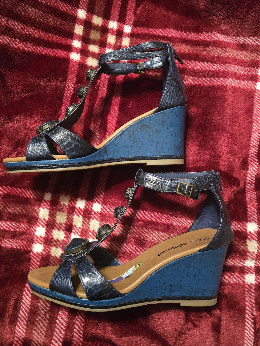 libby. edelman Blue T-Strap Wedge Sandals